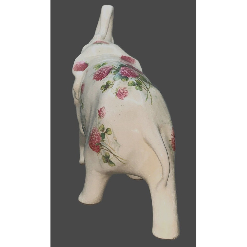 Cottage Granny Core Pink Thistle Flowers ELEPHANT Trunk Up Vtg Figurine 6" x 8" - Picture 9 of 12